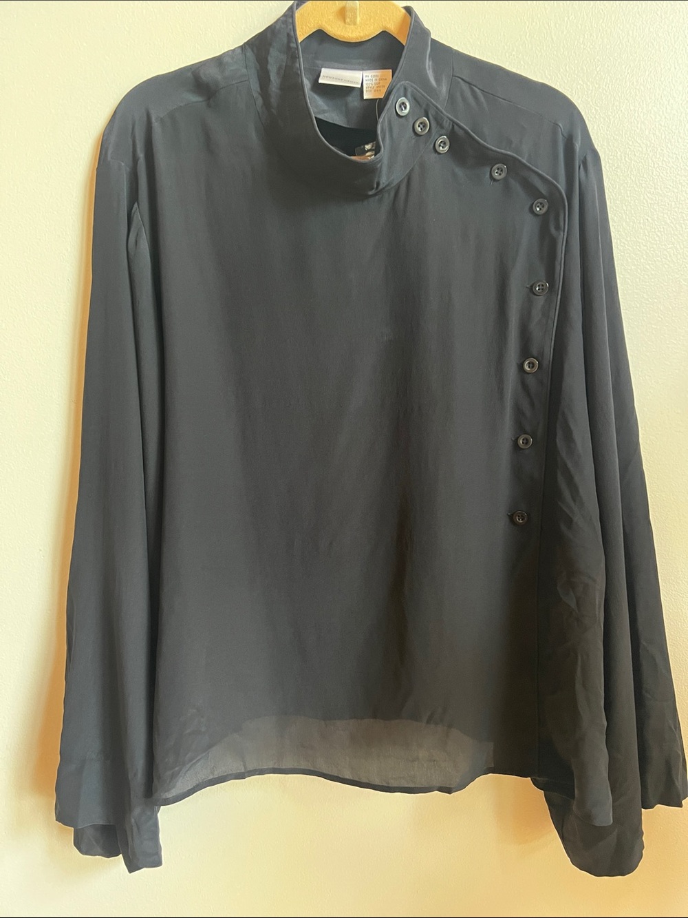 Newport News silk Black Button-Accent Long Sleeve Blouse chef shirt style
